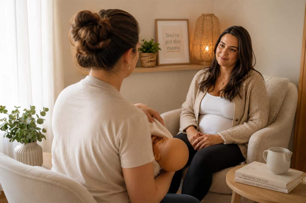 An expecting mother in an antenatal breastfeeding education session at home.