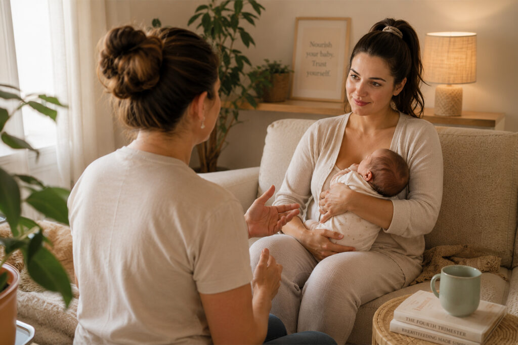 A mother holding her newborn during a follow up lactation consultation.